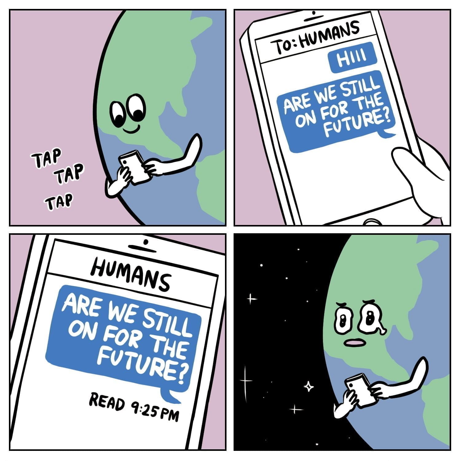 earth cartoon humans on whatsapp leaving the planet on read in a message if we are still on for the future