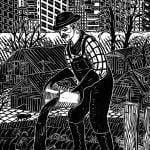 A woodcut illustration of a farmer pouring sewage from a bucket on to his crop field. In the background are high-rise tower blocks.