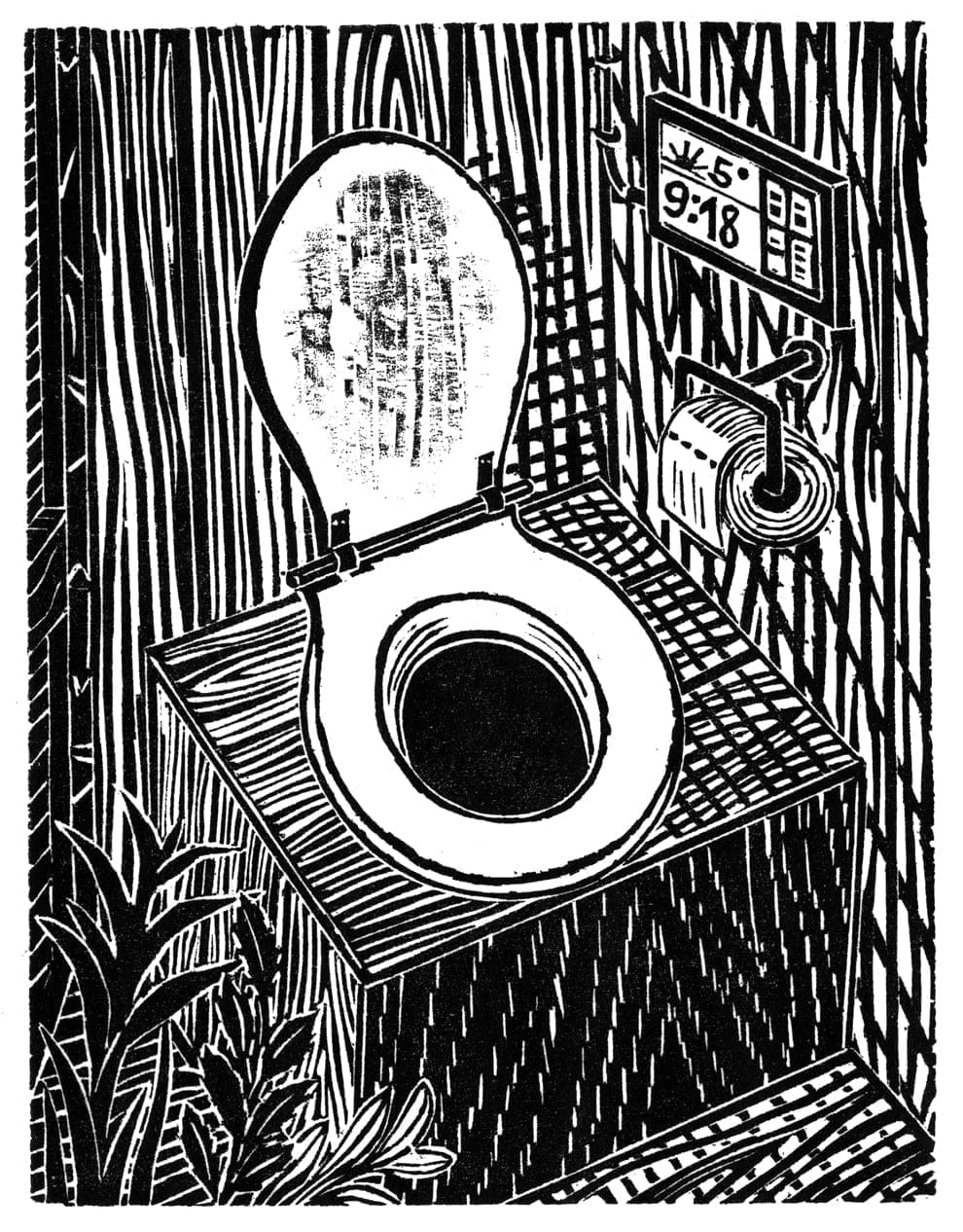 A woodcut illustration of a basic toilet stall.