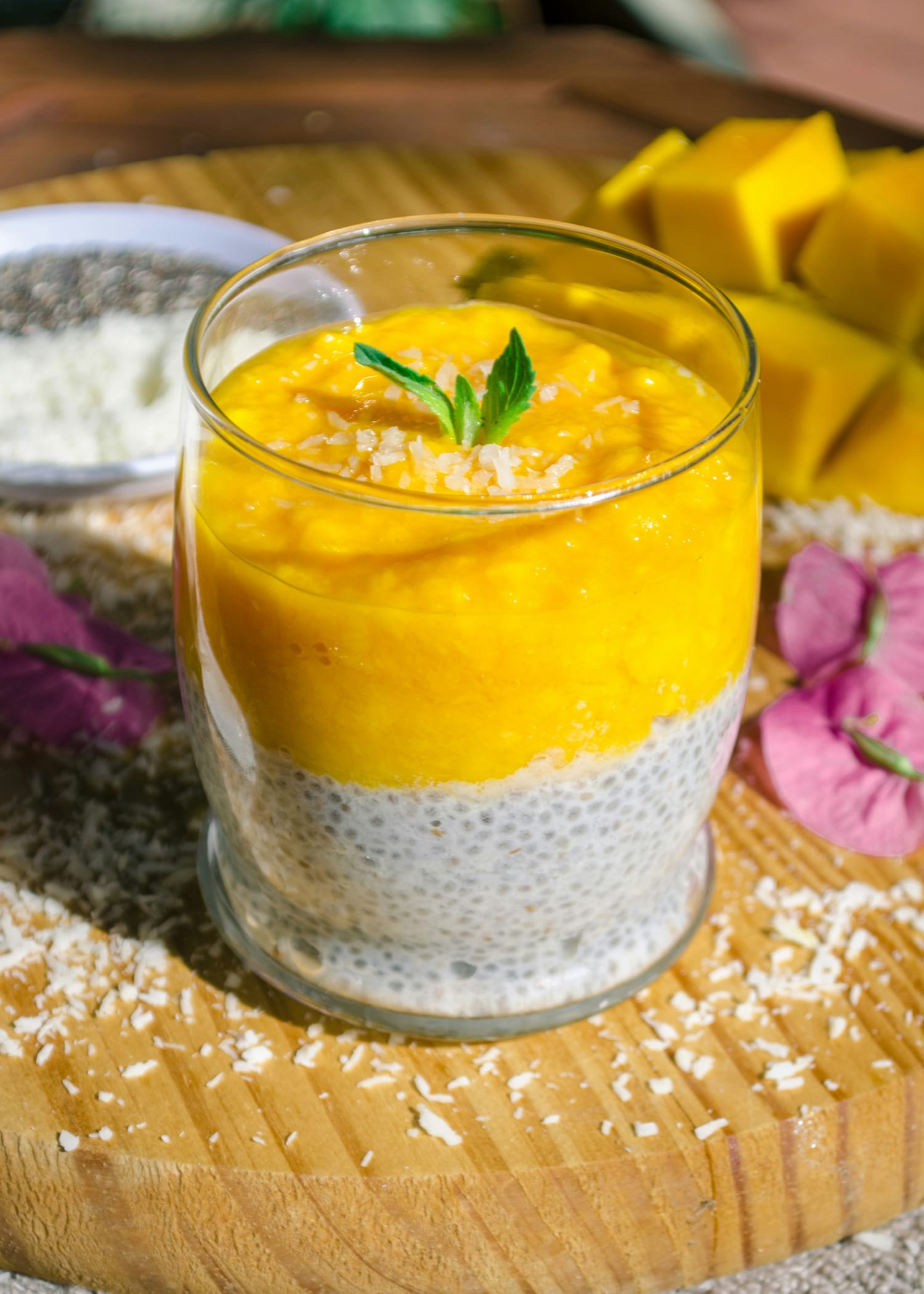 mango and coconut pudding with chia seeds