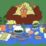 illustration of a person sitting in front of a table with a bunch of different home products.