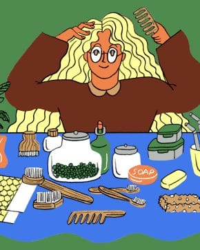 illustration of a person sitting in front of a table with a bunch of different home products.