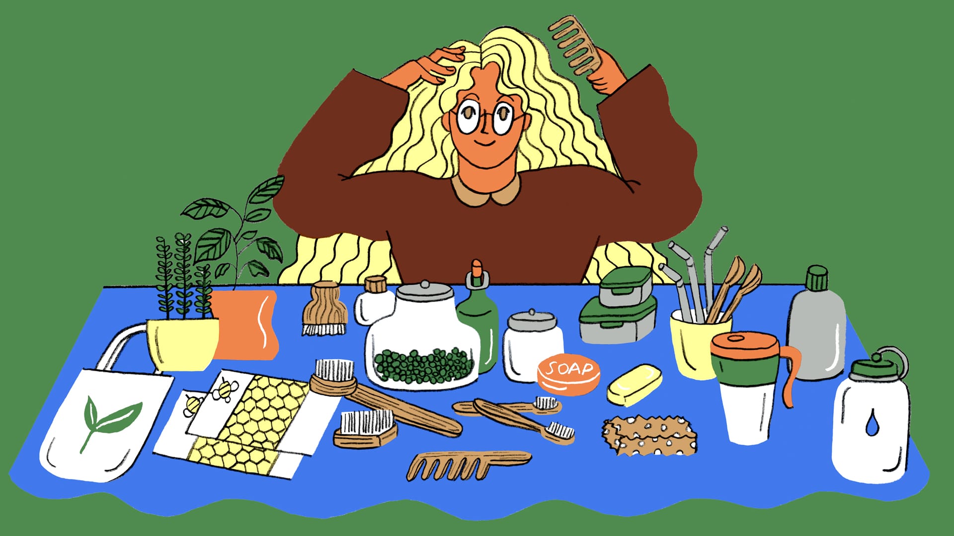 illustration of a person sitting in front of a table with a bunch of different home products.