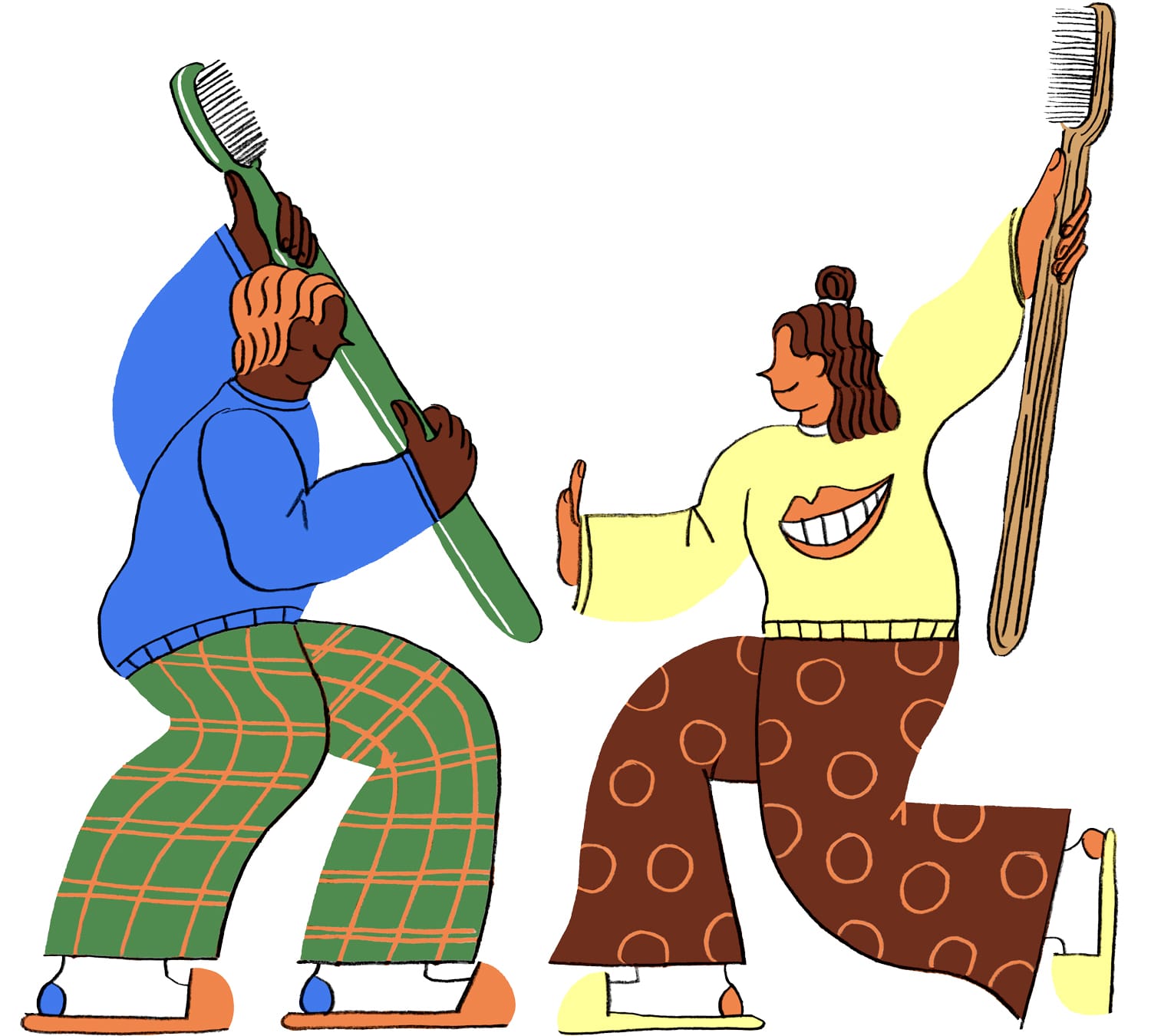 plyful illustration of two people dancing with over dimensioned toothbrushes