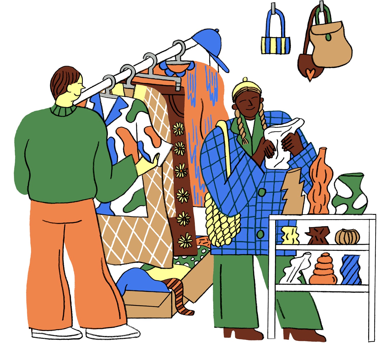 illustration of two people shopping for vintage clothing