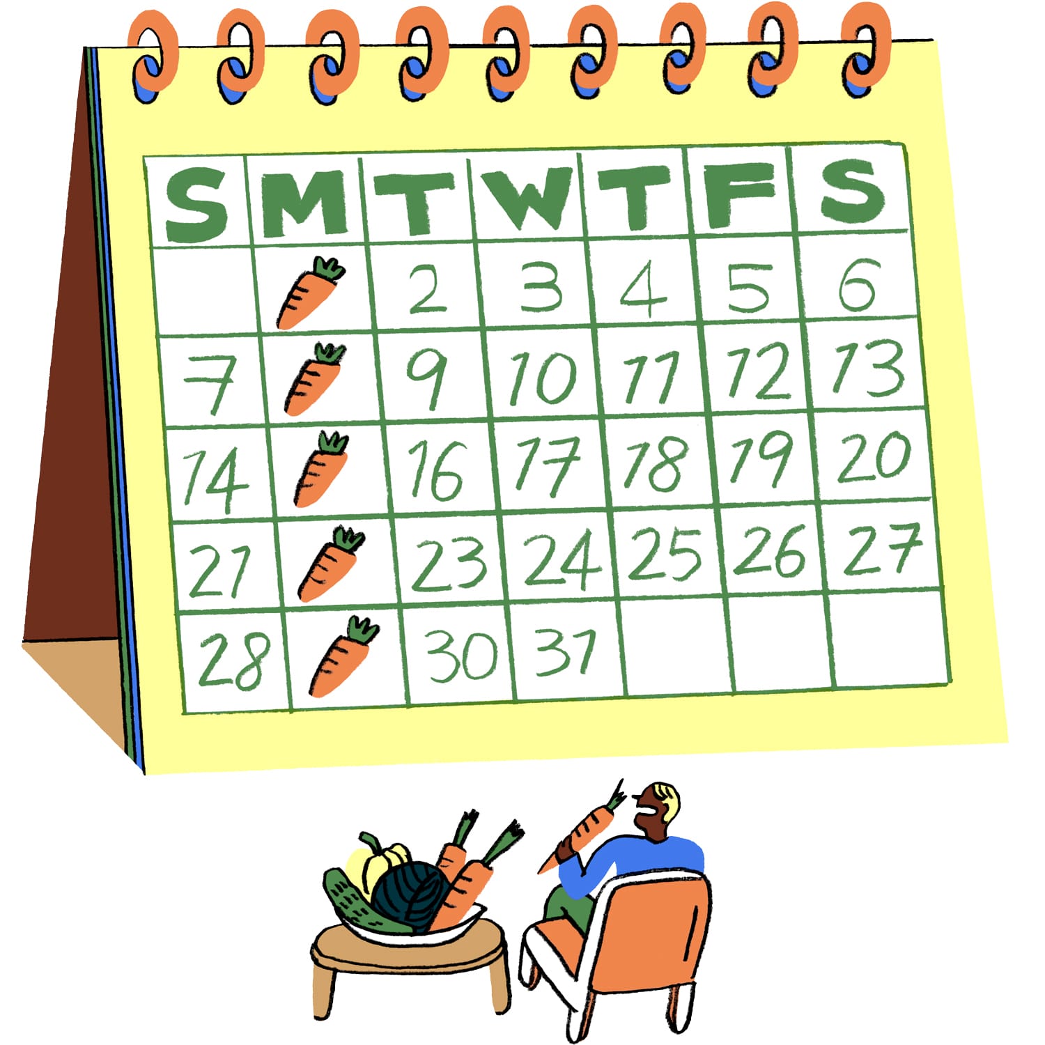 illustration of a person looking at a calender where mondays are marked as plant based