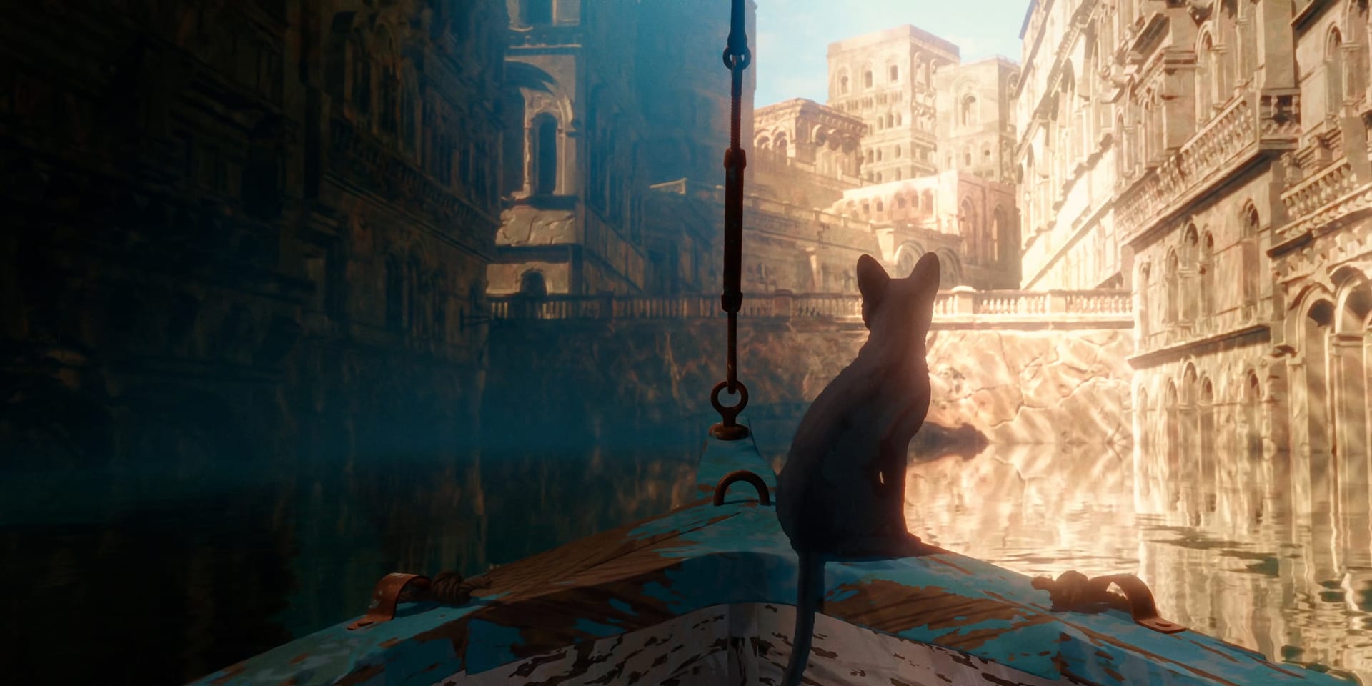 Still from the movie FLOW showing a cat on a boat sailing through a flooded city