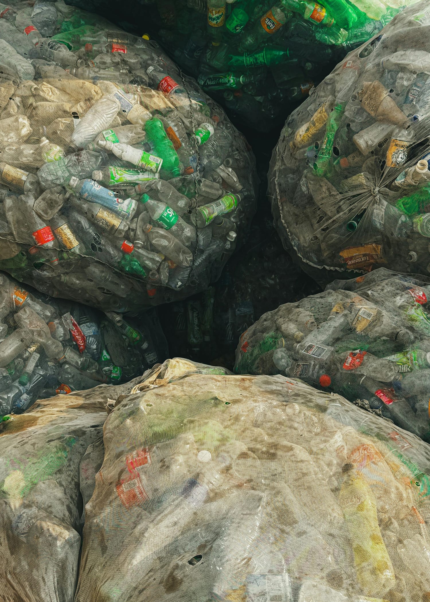 bottles in plastic bags sorted for recycling