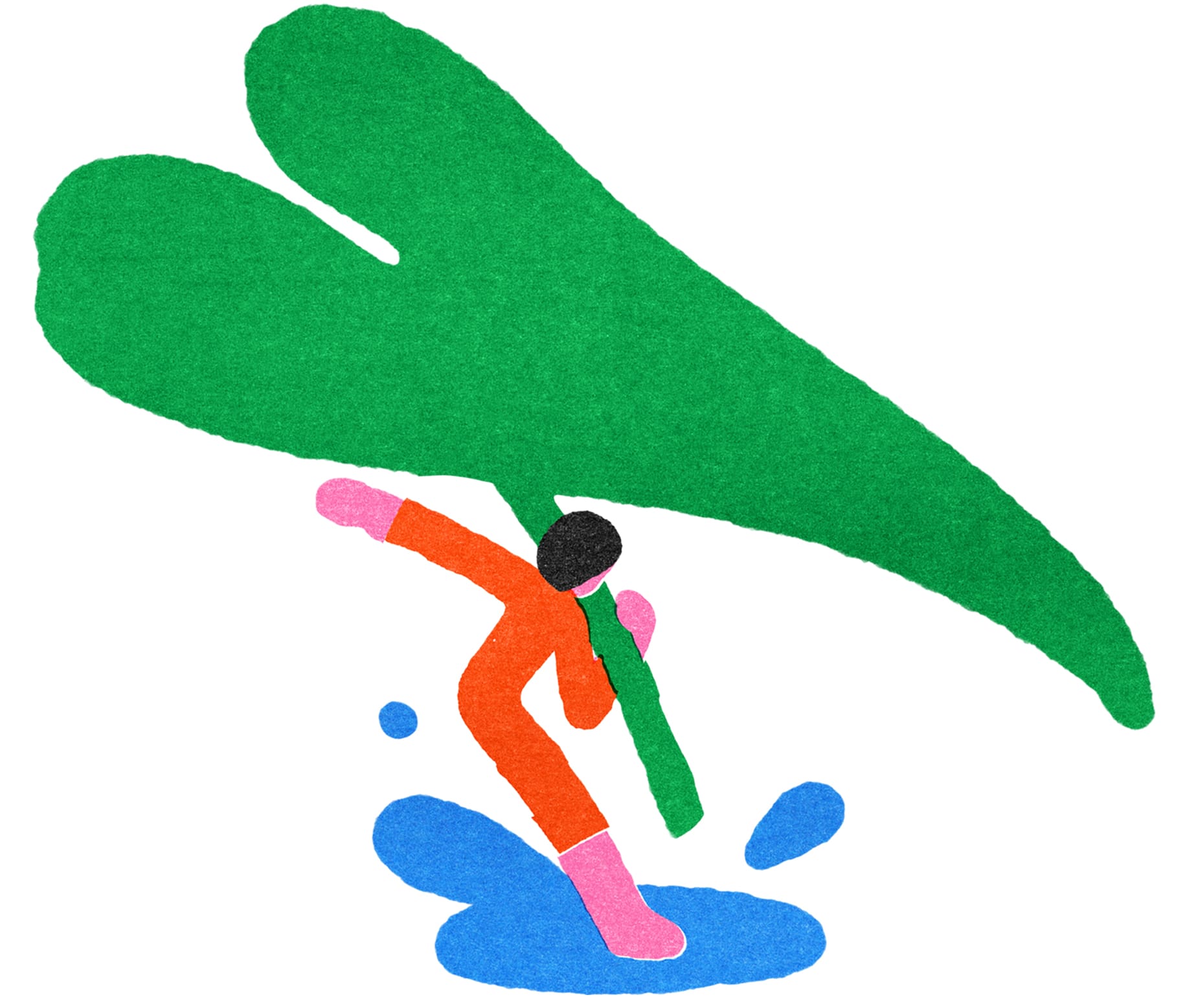 illustration of a person with a leaf jumping in a puddle. Plant blindness