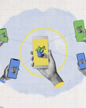 illustration of phones connected through a grid showing how we are influenced by the people we surround ourselves with