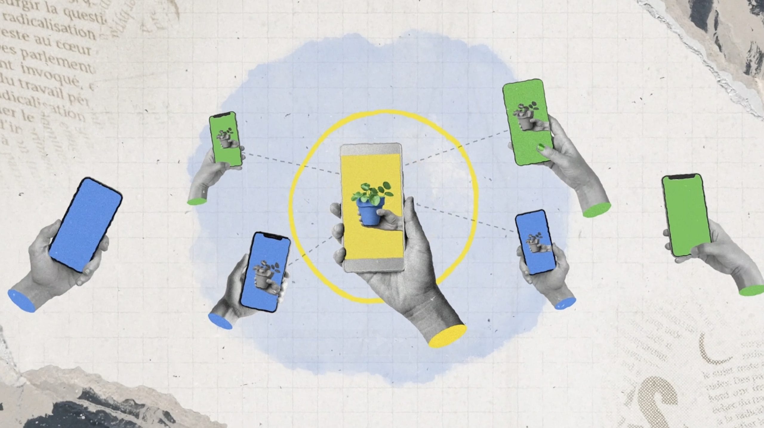 illustration of phones connected through a grid showing how we are influenced by the people we surround ourselves with