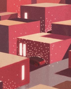 Illustration of houses with electric cars in front of them. Vehicle to grid
