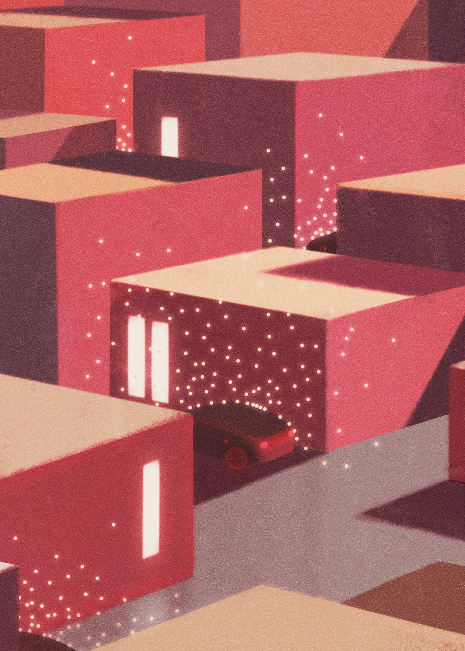 Illustration of houses with electric cars in front of them. Vehicle to grid