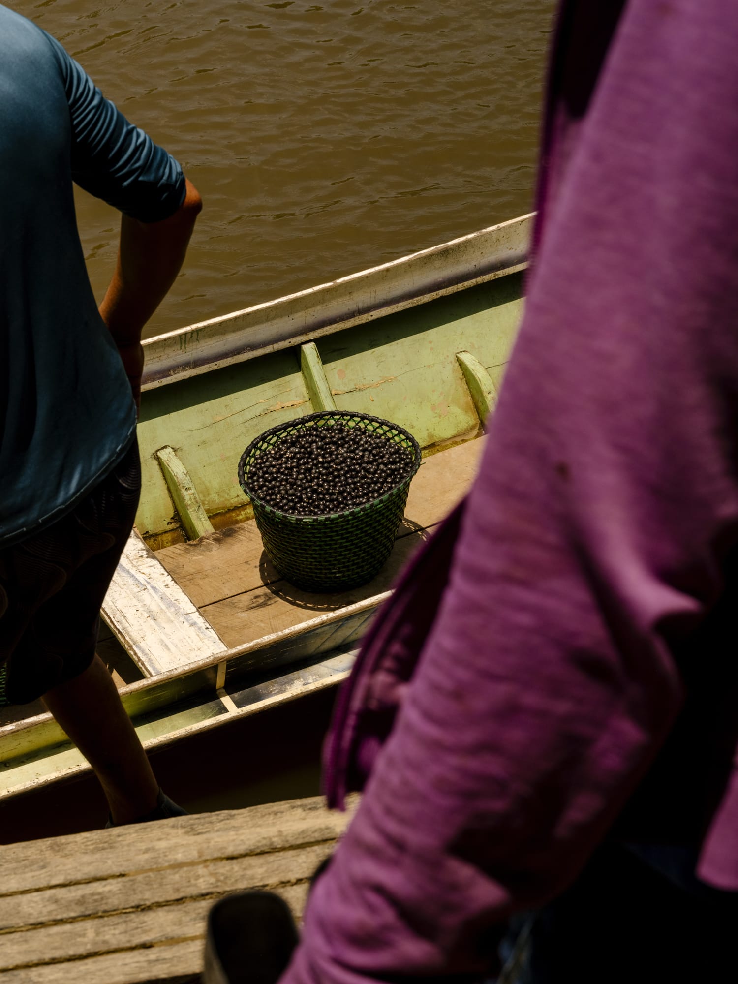 A bucket of Açaí ready to be transported by boat.